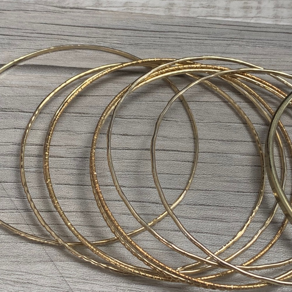 Gold Tone Bangle Bracelet Set 10pc Textured Rope Smooth Stackable 8 Inch 5138 - Picture 4 of 6